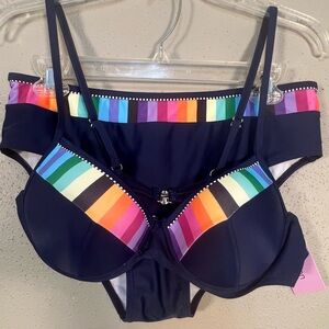 Women's Navy Bikini Set with Rainbow Stripe Accents